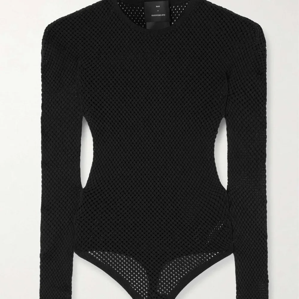 WARDROBE.NYC x Rosie Huntington-Whiteley RHW Web Bodysuit in Black mesh knit xxs